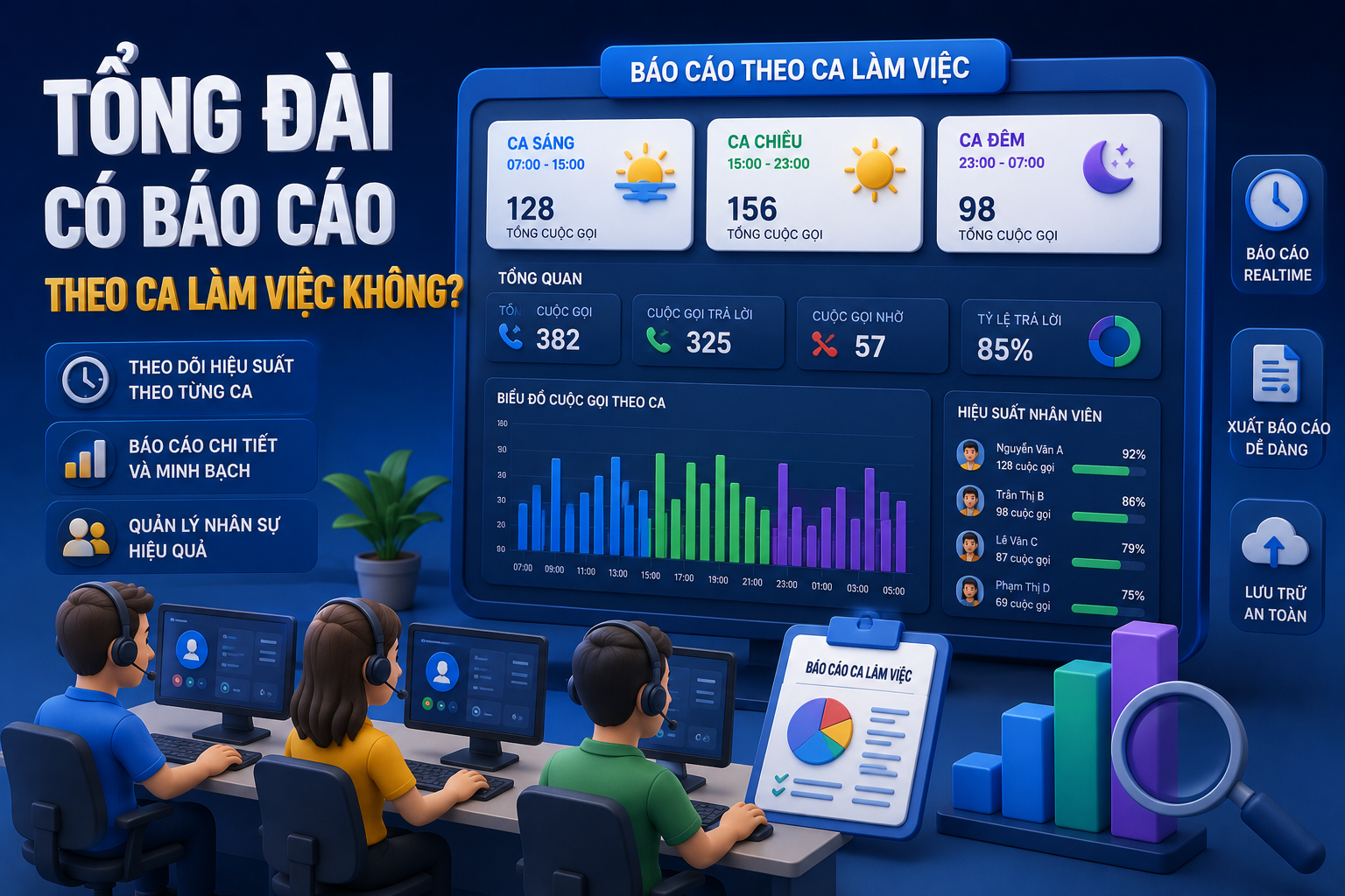 Tổng đài có báo cáo theo ca làm việc không?